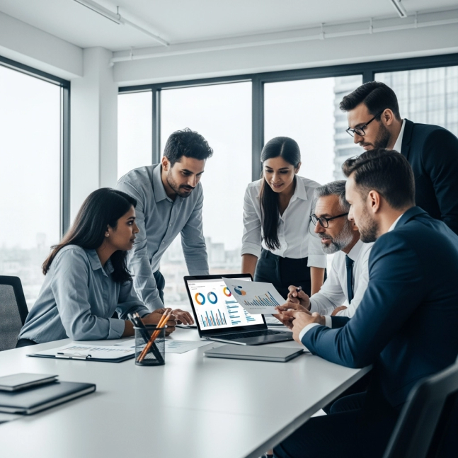 A group of people in a modern office, gathered around a laptop and discussing charts and graphs on the screen.