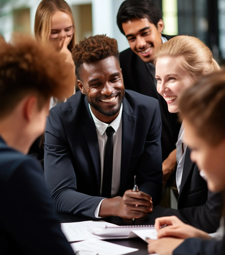 A group of people gathered around a desk.