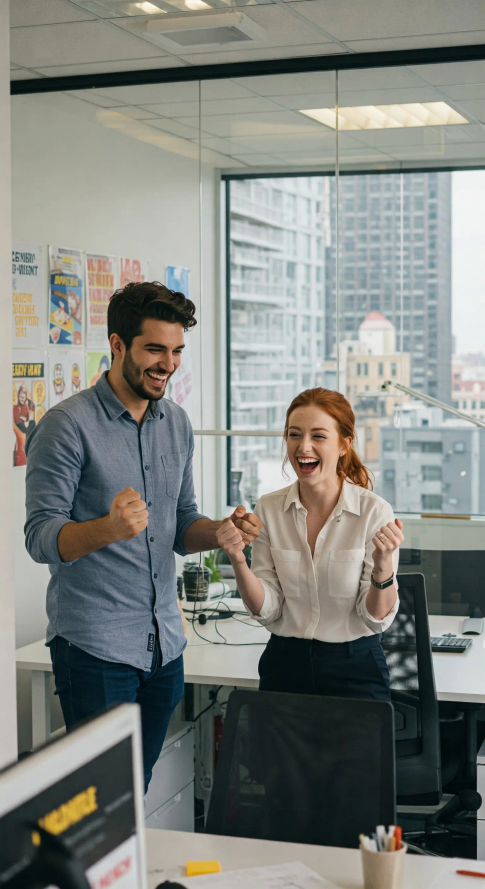 Two people standing next to a desk celebrating.