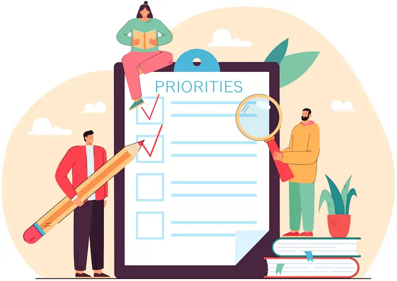 Tiny people doing priorities checklist flat illustration